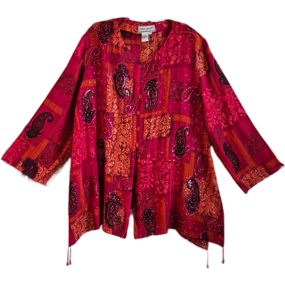 Diane Gilman Women's Silk Blouse Size 1X Red Flattering Sequins Beads Bling